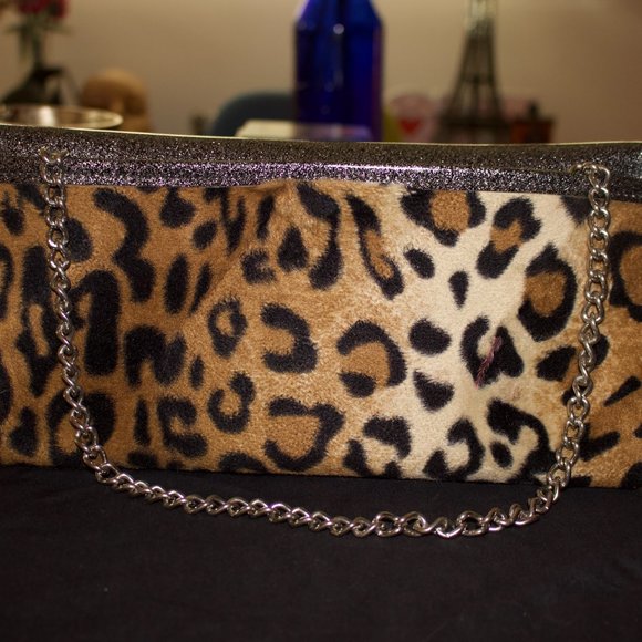 Vintage Trophy Queen Leopard Fur Clutch Sparkle Vinyl Orig $275 RARE Chain Strap - Picture 5 of 11